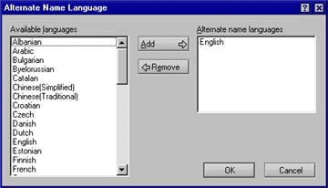 Alternate Name Language dialog box