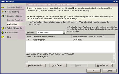 User Security - Authorities dialog box (Notes certificates)