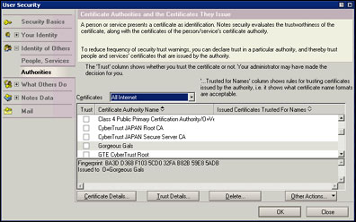 User Security - Authorities dialog box (Internet certificates)