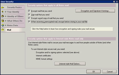User Security - Mail dialog box