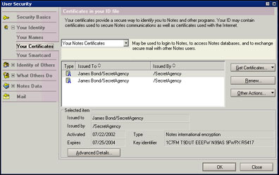 User Security - Your Certificates dialog box