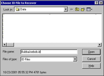 Choose ID File to Recover dialog box
