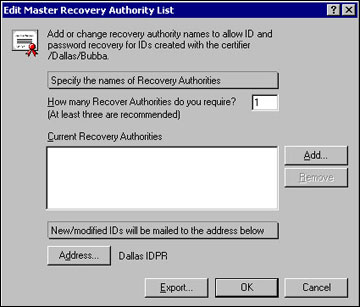 Edit Master Recovery Authority List dialog box