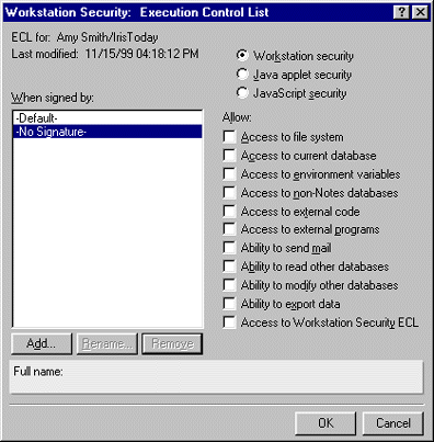 Execution Control List dialog box