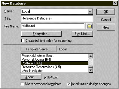 New Database dialog