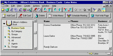 Address Book, Business Cards view