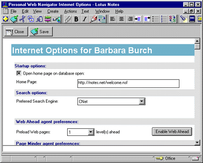 Personal Web Navigator Internet Options form