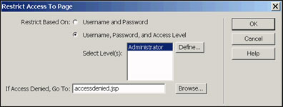 Restrict Access to Page dialog box