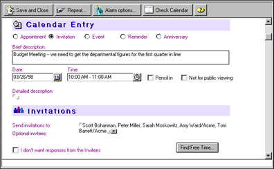 An invitation Calendar Entry