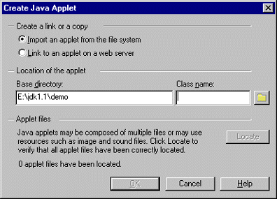 Create Java Applet dialog
