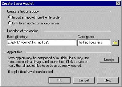 Create Java Applet dialog
