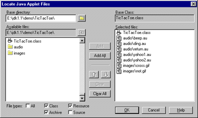Locate Java Applet Files dialog