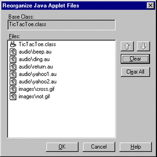 Reorganize Java Applet Files dialog