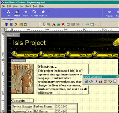 Domino components toolbar for NetObjects Fusion 4