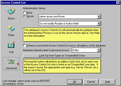 The Access Control List dialog box