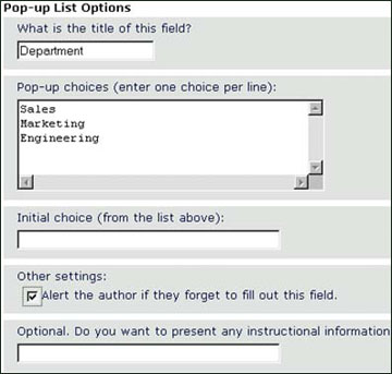 Pop-up list options