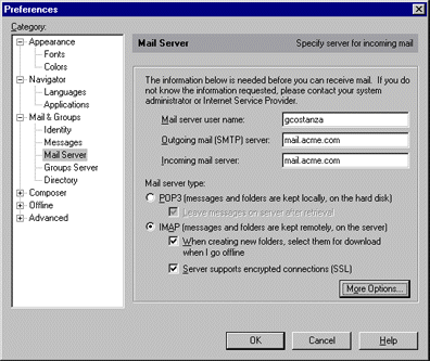 Preferences in Netscape mail client