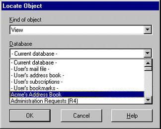 Database list for Locate Object dialog box
