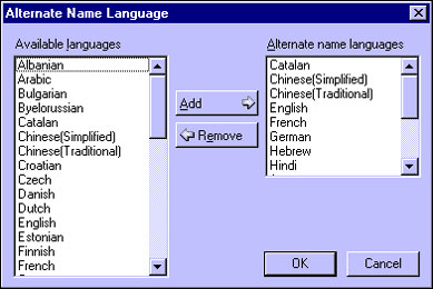 Alternate Name Language dialog box