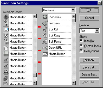 SmartIcon Settings dialog box