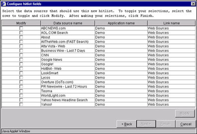 Configure hitlist fields wizard
