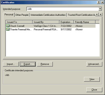 certificates dialog box