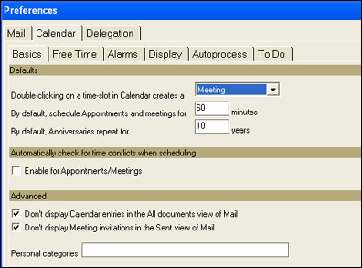 Calendar Preferences Basics tab