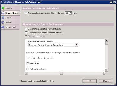 Replication Settings -- Space Savers tab
