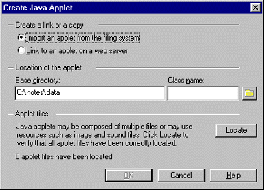 The Create Java Applet dialog box