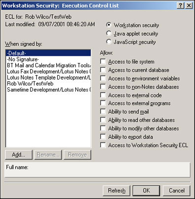 Workstation Security: ECL dialog box