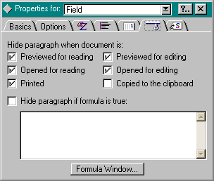 Field properties, Hide/when tab