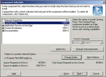 Edge server Component Selection screen