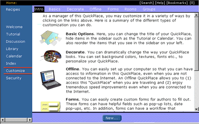 QuickPlace customization screen