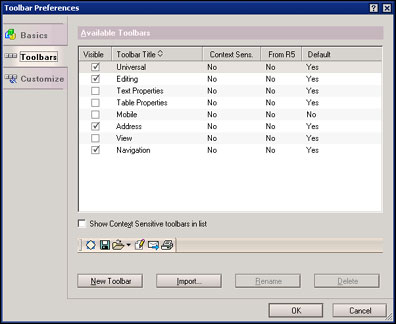 Toolbar Preferences dialog box