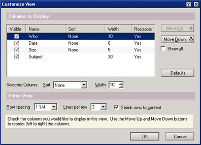 Customize View dialog box