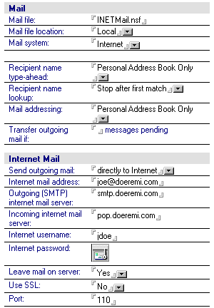 Mail and Internet Mail sections