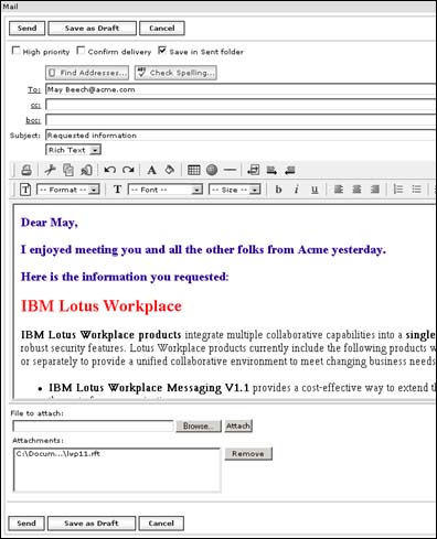 Lotus Workplace Messaging mail editor