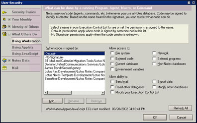 User Security - Using Workstation dialog box