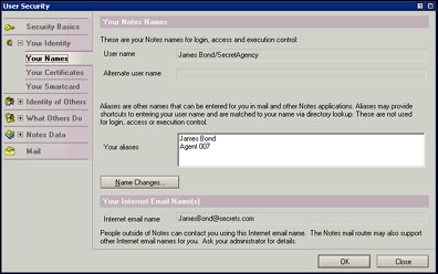 User Secirity - Your Names dialog box