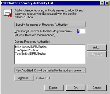 Completed Edit Master Recovery Authority List dialog box