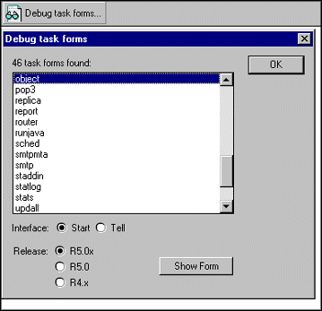 Debug task forms dialog box