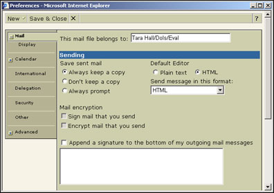 Preferences - Mail options