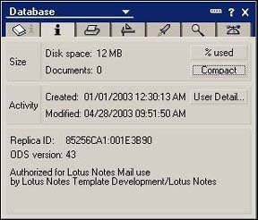Database properties showing database size
