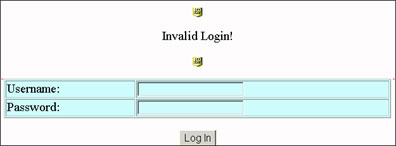 Invalid login screen