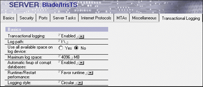 Server document, Transaction logging tab
