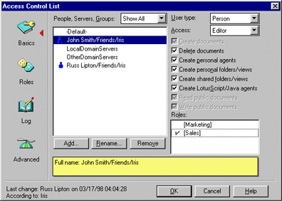 Basics panel, with roles selected for user