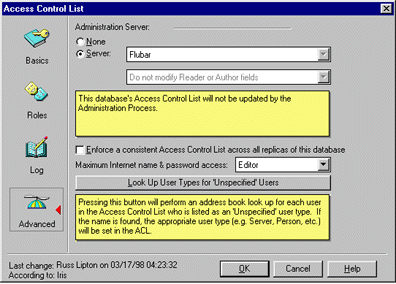 Advanced panel, administration server specified