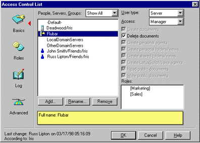 Basics panel, administration server listed