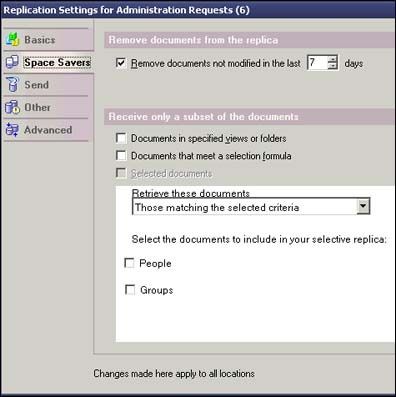 Replication Settings for Administration Requests dialog box