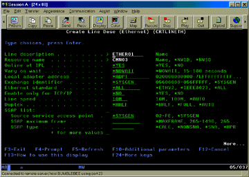 Create Line Desc (Ethernet) Menu